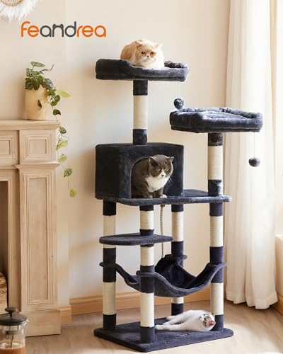 Feandrea Albero per Gatti Alto 143 cm, Tiragraffi per Gatti, con 11 Pali Graffiatoi, 2 Posatoi, 1 Grotta, 1 Amaca, 2 Pompon, in Peluche a Più Livelli, Grigio Fumo PCT15GYZV1 - Immagine 1