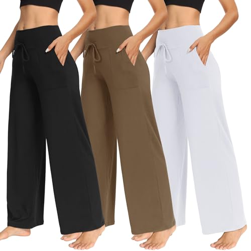 TNNZEET 3 Pack Women's Wide Leg Pants with Pockets - Casual Loose Yoga Trouser Pants Sweatpants Palazzo Lounge Pajama Pants