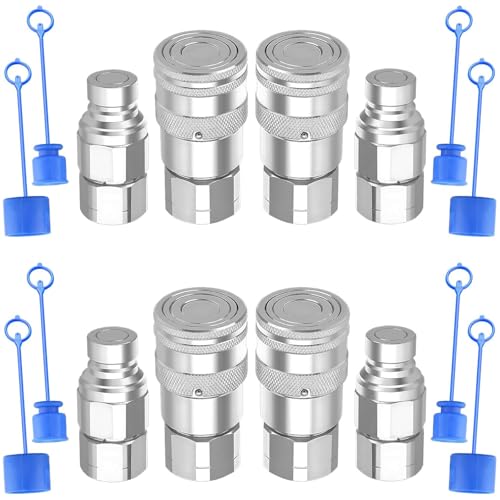 Image of 1 /2'' NPT Flat Face Hydraulic Quick Connect Couplers /Couplings with Dust Caps, The Universal Bobcat Flat Face Quick Connect Fittings with with 1 /2'' Body ISO 16028 Standard-4Set
