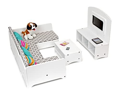 Playtime By Eimmie 18 Inch Doll Furniture - Couch For Doll House With Living Room Accessories, Tv & Pets - Wood Set - Fits American, Generation, My Life & Similar Brand 14-18In Girl Dolls - Girls Toys #TOP2