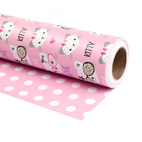 FIEHALA Cat Wrapping Paper Roll - Reversible Roll - Kitty Wrapping Paper Roll for Boys Birthday Game - 17 X 32.8 Feet Per Roll