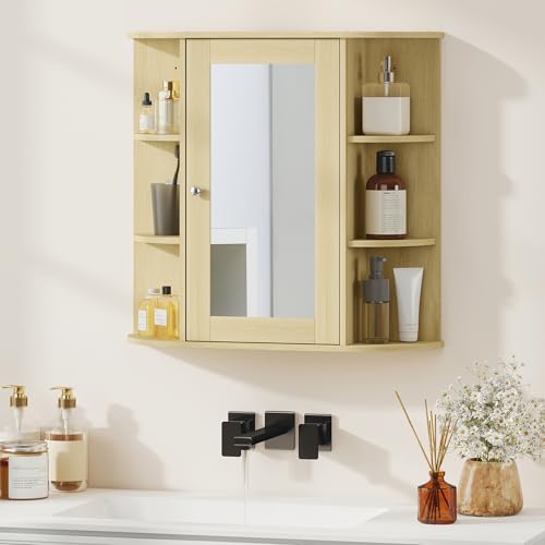 Homcom Armario De Baño Con Espejo, Armario De Pared Con Puerta, Estantes Abiertos, Mueble De Baño Colgar Para Cocina, Salón, 66x17x63 Cm, Natural