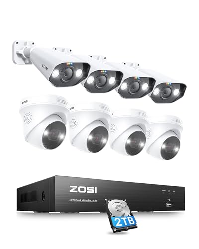 ZOSI Kit de Cámara de Vigilancia PoE, 8CH 4K 8MP H.265+ Grabador NVR con 8pcs 5MP Cámara de Seguridad IP Exterior, Visión Nocturna en Color, Alarma de Movimiento, 2TB HDD Incluido