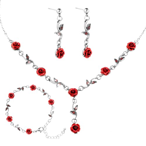 Yolev Ensemble de Bijoux en Rose Rouge pour Femmes Bijoux de Mariée Collier Pendentif Bracelet Boucles D'oreilles Ensemble de Bijouxs Vintage en Or Rose pour Filles Femmes avec Mariage (Argent)