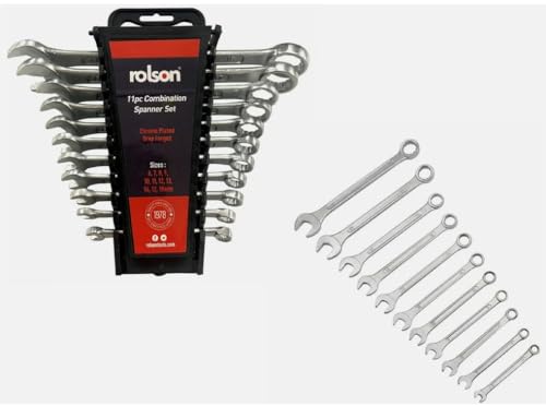 Image of MAXPERKX 11pcs Rolson Combination Spanner 6-19mm Metric Wrench Garage Tool Set Chrome Vanadium with Storage Rack 11 Pieces Combo Steel 6,7,8,10,11,13,14,17,19mm Drop Forged Chrome Plated