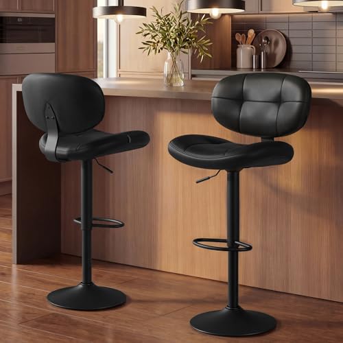 Image of VASAGLE Bar Stools Set of 2, Height Adjustable Kitchen Barstools, Swivel Bar Chairs with Back and Footrest, Quilt PU Leather Surface, Dining Room, Counter, Steel, Ink Black ULJB150B101S
