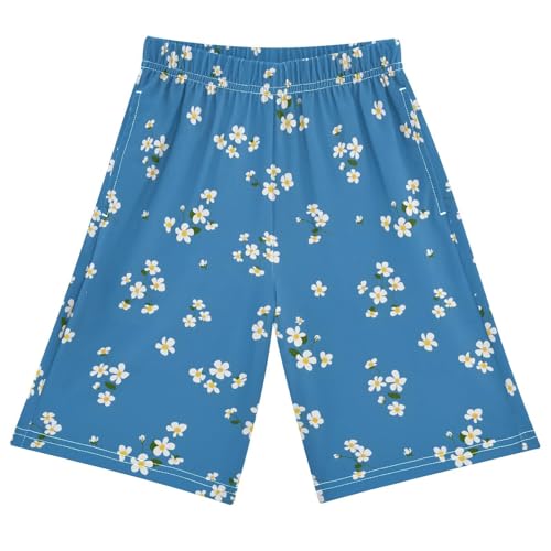Small White Flowers Sleep Shorts Summer Pajama Shorts Elastic Waist Sleep Bottoms with Pockets 6-14 Years - Main Image