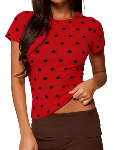 Seyumixi Polka Dot Tops for Women Short Sleeve Baby Tee Crop Top Y2k Cute Slim Fit Crewneck Shirt Ladybug Top Going Out(Basic Red,S)