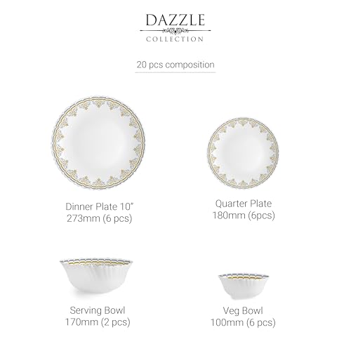 Image of Cello Dazzle Series Victor Opalware Dinner Set | 20Pcs | White | Service for 6 | Microwave & Dishwasher Safe | Light-Weight & Durable | Chip & Scratch Resistant | Best for Special Occasion & Gifting