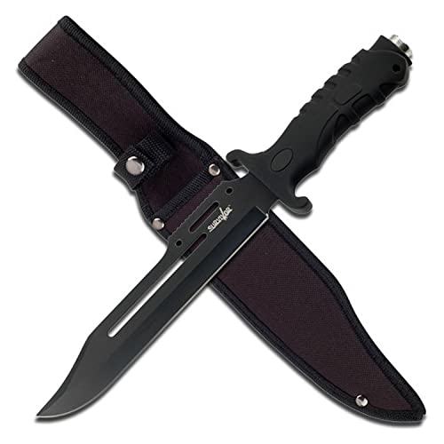 Survivor Outdoor HK-1036 Fixed Blade Outdoor Knife, Black Straight Edge Blade, Black Rubber Handle, 13-Inch Overall