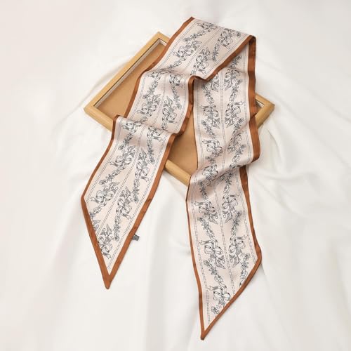 1PC Floral Print Hair Scarf, Purse Bag Scarfs For Handbags, Silky Long Thin Satin Headscarf for Women, Fashionable Hair Accessory for Casual Wear, Stylish Headwrap for Daily Use(Brown&White)3