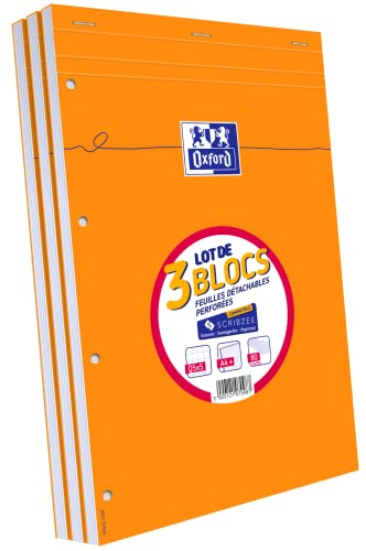 Oxford Lot de 3 Bloc-Notes Agrafés Format A4+ (21 x 31,5cm) 160 Pages Petits Carreaux 5x5mm Perforées Couverture Orange