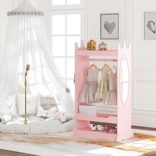 UTEX Kids Dress up Storage with Mirror,Costume Wardrobe for Kids, Open Hanging Armoire Closet,Pretend Storage Closet, Costume Storage Dresser (Pink)