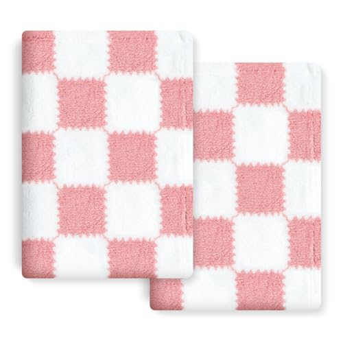 Image of Checkered Baby Blanket for Girls, 2 Pack Soft Baby Girl Blankets, Small 28 x 40 inches Toddler Fleece Blanket, Essentials Crib Stroller Items, Newborn Gift (Pink)