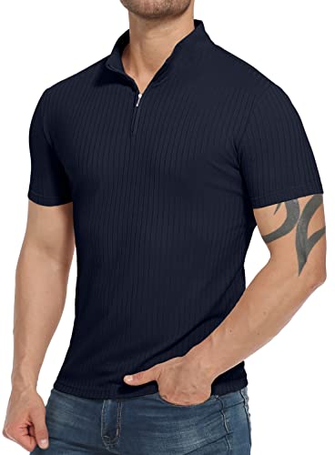 Sailwind Mens Short Sleeve Polo Shirts Quarter-Zip Ribbed Mock Neck Tshirt Navy Blue #TOP1