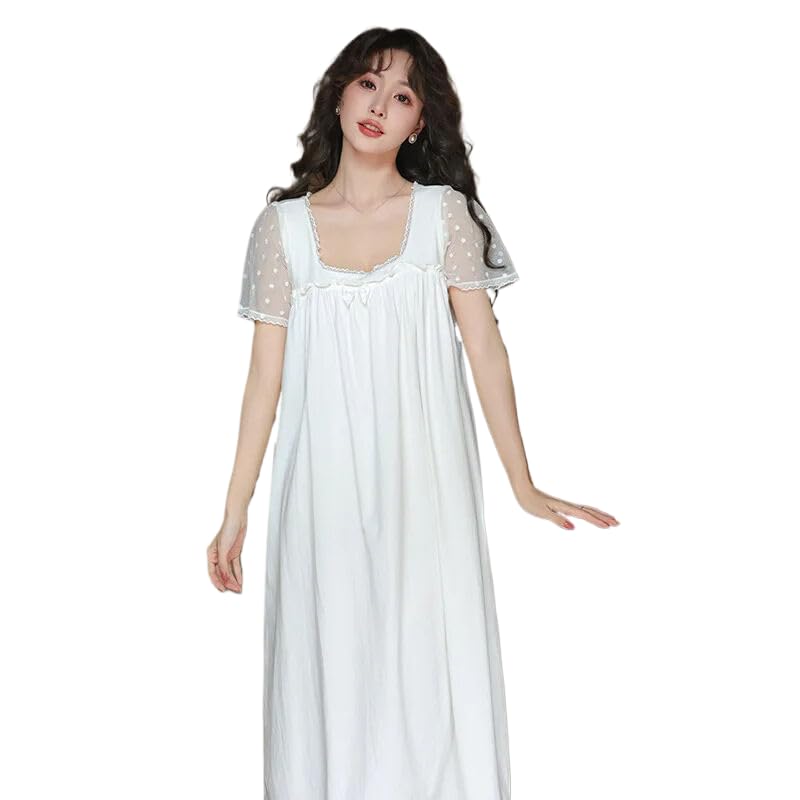 OFFSUM Camisón De Pijama De Mujer - Verano Suave Algodón Cuello Cuadrado Dulce Encaje Bordado Ropa De Dormir Princesa Estilo Palaciego Temperamento Albornoz Lencería