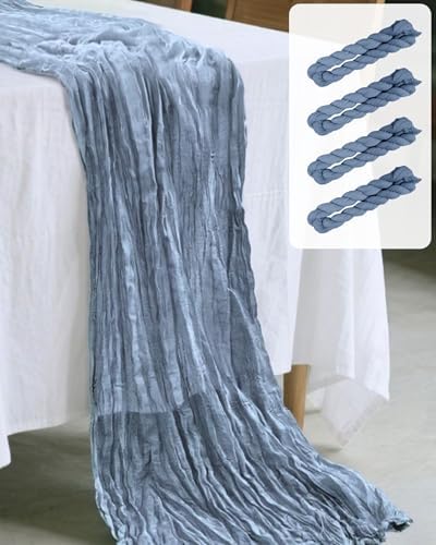 Easy Home 4 Pack 35x120 Inches Cheesecloth Table Runner 10Ft Boho Gauze Fabric Rustic Romantic Table Runner for Wedding Baby Shower Birthday Christmas Party Table Decoration (Dusty Blue)