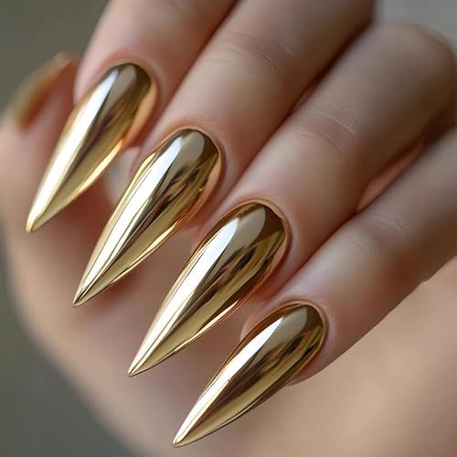 BABALAL Long Stiletto Press on Nails Gold Chrome Fake Nails Y2k M...