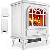 DEUBA® Camino Elettrico 2000W 60x28x50cm Termocamino Luce LED Effetto Fiamma Stufa Elettrica Caminetto finto a Corrente Stile Antico Bianco