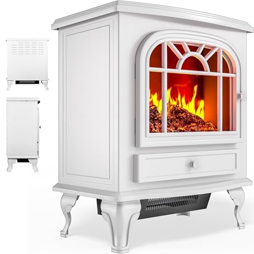 DEUBA® Camino Elettrico 2000W 60x28x50cm Termocamino Luce LED Effetto Fiamma Stufa Elettrica Caminetto finto a Corrente Stile Antico Bianco
