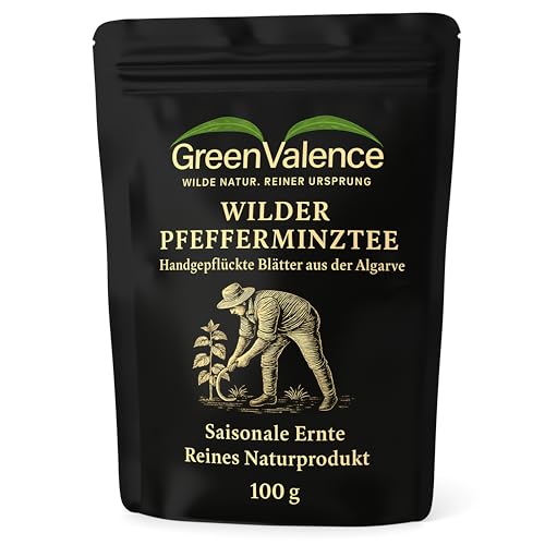 GreenValence Wilder Pfefferminztee geschnitten - Premium Wildsammlung aus Portugal - Handgeerntet & natürlich sonnengetrocknet - Reines Naturprodukt ohne Zusätze - Aromatischer Kräutertee (100 g)