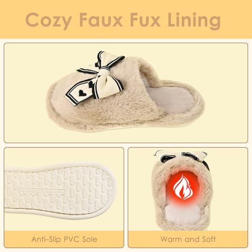 Fuzzy Knitted Bow Slippers for Women, Winter Bedroom Warm Fur Lined Slippers with Anti-Skid Sole, Cozy House Home Slip-On Shoes3
