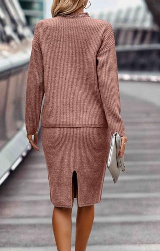 Image of Women 2 Piece Knit Sweater Skirt Set Midi Sweater Dress Long Sleeve Pullover Bodycon Knitted Skirt Set Outfit
