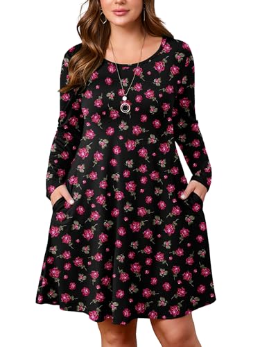 Image of AusLook Women's Plus Midi Dress Long Sleeve Crew Neck A-Line Swing Flowy Vacation Fall Wedding Guest Dresses with Pocket 1-5X