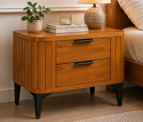 Image of Solid Sheesham Wood Bedside Table for Bedroom & Livingroom | Nightstand End Table with 2 Drawers Storage for Home | Modern & Luxury Design| (Honey Finish)