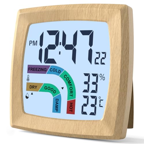 VOILEIPAGI Reloj despertador de viaje con retroiluminación automática, reloj despertador con batería de temperatura y humedad, segundo, fecha, 12/24 horas, reloj despertador digital de grano de madera