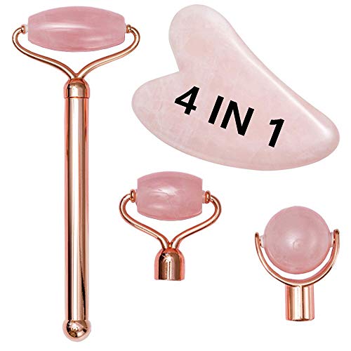 Facial Rollerï¼Œ4 in 1 Rose Quartz Facial Jade Roller & Massager, 4 Changeable heads Facial Skin Care Tools for Face Roller, Eye, Neck, Body