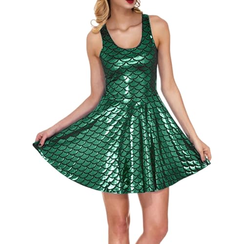 Vestido de fiesta informal y brillante con estampado floral de lentejuelas de neón y manga corta, cuello redondo, un atuendo cómodo para cualquier persona, Verde oscuro., M