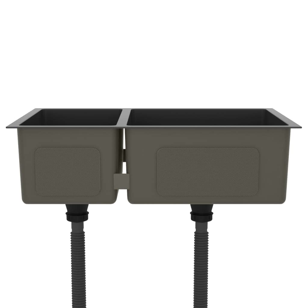 Fregadero de cocina negro de acero inoxidable con doble fregadero, 71,5 x 44 x 20 cm, con escurridor y residuos, incluye sifón y juego de desagüe, para cocina, lavadero