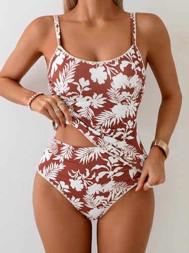 Image of Eomenie Tankini Swimsuit for Women Tummy Control Ruched Two Piece Bathing Suits High Waisted Shell Stitch Swimwear