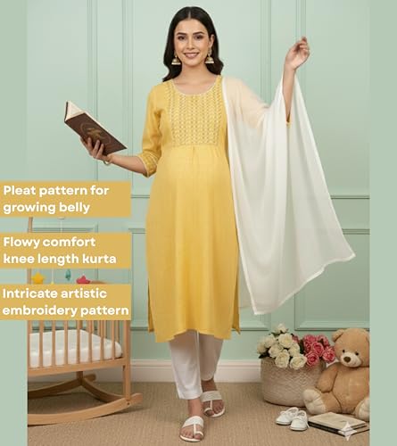 Image of DUMMY SHAPE Feeding Dresses for Women Full Set | Cotton Blend Floral Embroidered Kurta Pant Dupatta Suit with Nursing Zippers to Pre & Post Pregnancy | Gift for Pregnant Woman