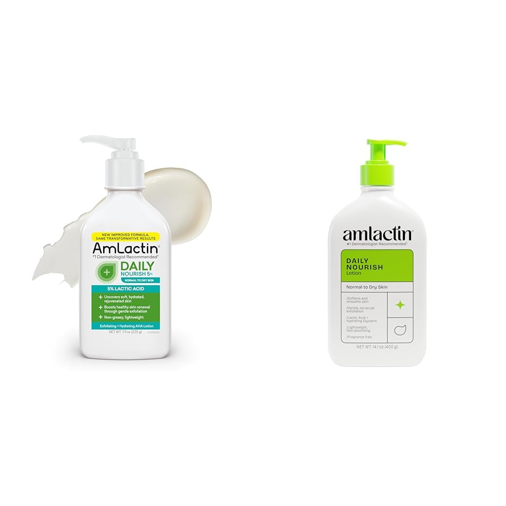 AmLactin Daily Nourish Body Lotion Bundle - 5% 7.9oz and 12% 14.1oz Exfoliating and Moisturizing Lotions for Dry Skin