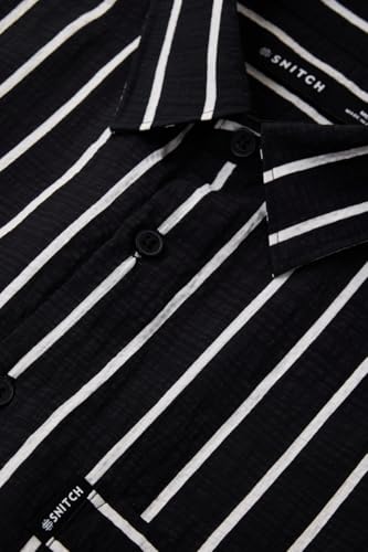 Image of SNITCH Men Casual Plus Size Shirt | Regular Fit Full Sleeve Mandarin Collar Striped Design | Premium Cotton Linen Blend & Breathable Fabric for Office & Everyday Wear