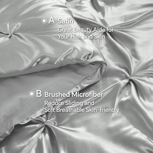 Image of BEDELITE Satin Comforter Set Full Size, 7 Pieces Pintuck Bed in A Bag with Comforter, Flat Sheet, Fitted Sheet, Pillowcases, Shams, Soft Cozy Similar to Silk Bed Set for All Seasons (Grey)