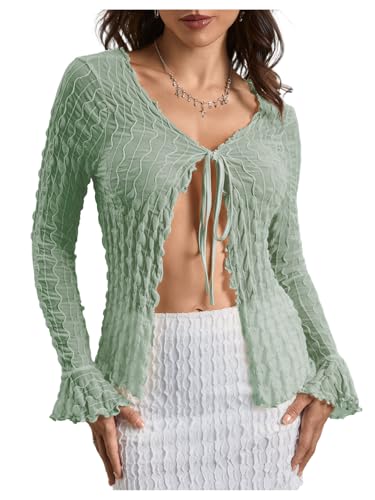 Image of Milumia Women's Y2K Textured Mesh Cardigan Shrug Tie Front Tops | Lettuce Trim , Long Sleeve, Open Front, Sheer, Flared, Club Party, Going Out, Rave, Cover Ups