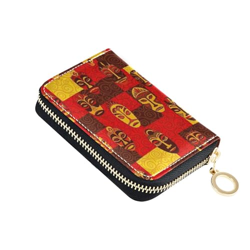 Leather Wallets for Women Credit Card Protector RFID Blocking Small Travel Wallet with Zipper Cool Tribal African Face