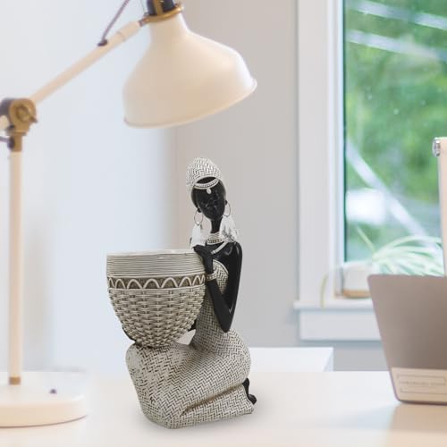 Handmade White African Tribal Woman Sculpture - Crystal Earrings & Basket Statue, Ivory Resin Home Decor for Modern Shelves/Tables, Elegant Housewarming Gift (9.65" H)