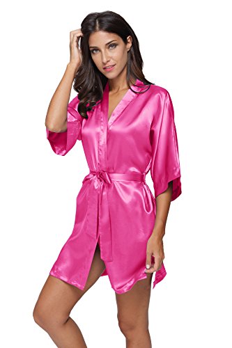 The Bund womens Pure Colour Short Kimono Robes with Oblique V-Neck deeppink Small