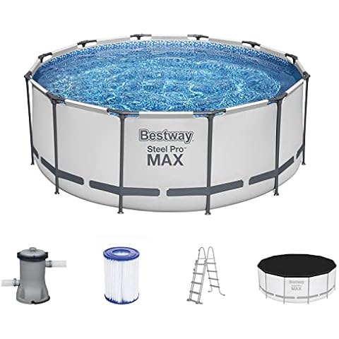 Bestway Steel Pro MAX Frame Pool Komplett-Set mit Filterpumpe Ø 366 x 122 cm, lichtgrau, rund Cover