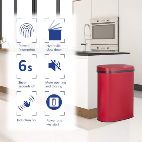 Image of BestOffice | 13 Gallon Stainless Steel Trash Can with Lid | Red | Automatic Touchless Garbage Can | Odor Control | Modern Oval Design | Easy to Clean | For Kitchen, Bathroom, Office or Home