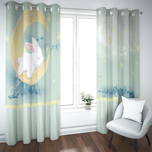 Cortinas ventana estilo cuento hadas Dibujos animados Lindo conejo blanco Luna amarilla y estrellas Cortinas con aislamiento térmico para sala estar dormitorio sala juegos 2 paneles H200xB140