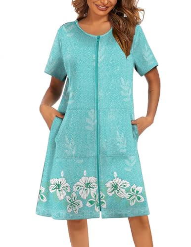 Image of Ekouaer Women Robes Lightweight House Coat Short Sleeve Floral Print Mumu House Dresses with Pockets Zipper Nightgowns