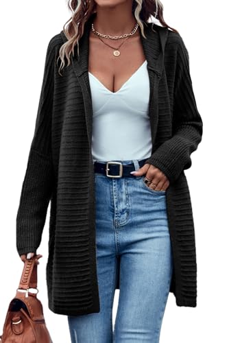 Women's Stylish Black Horizontal Rib Knitted Open Front Hooded Cardigan