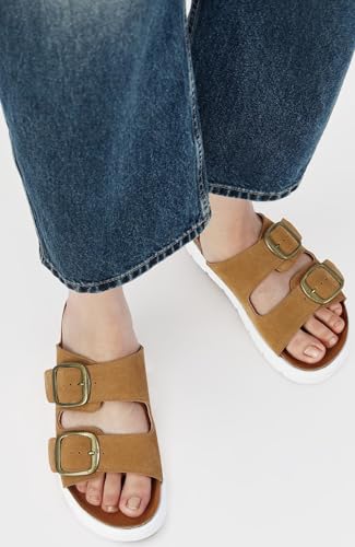 Image of Genuine Leather Platform Sandals for Women Comfortable Summer Beach Slides Sandals with Double Adjustable Buckle