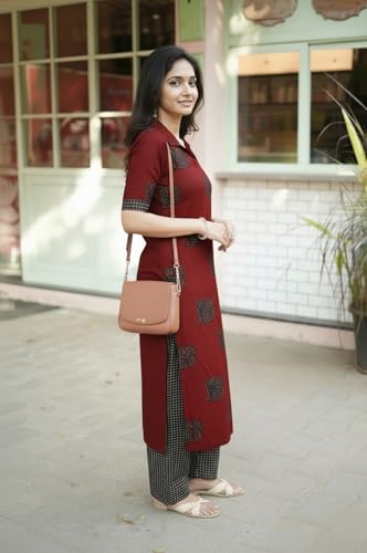 Image of ANNI Designer Women's Rayon Viscose Printed Kurta Pant Set | Collar Neck Straight Ethnic Suit for Casual, Daily, and Office Wear