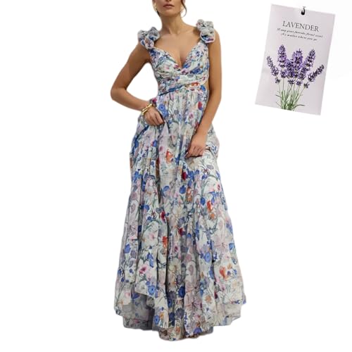 Halter Floral Print Chiffon Maxi Dress for Women Floral Wedding Guest Maxi Dress Formal Halter Chiffon Bridesmaid Dresses (US, Alpha, Large, Regular, Regular, Blue 2)